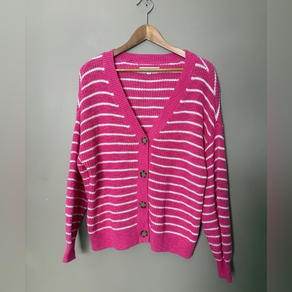 LOFT Sweaters - LOFT Striped Relaxed V-Neck Cardigan sweater pink & white preppy casual sz L